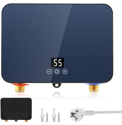 Calentador de Agua Eléctrico Instantáneo 6 kW 220 V Mini con Alcachofa de Ducha, Sistema de Agua Caliente sin Tanque para Baño, Cocina, Jardín, con Display LED de Temperatura Legible