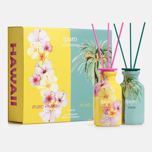 ipuro x Hawaii & Dubai Raumduft Set 2x50ml - Tropisch-orientalisches Duftset mit exotischen Früchten, Jasmin, Dattel & Sandelholz - Lufterfrischer Set für die Wohnung - Diffuser mit Stäbchen