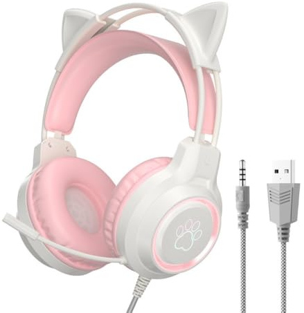 Kaiyo Cat Ear Gaming Headset with Mic, Pink, Wired, 40mm Driver