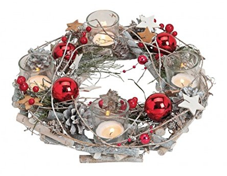 meindekoartikel Adventskranz Dekokranz dekoriert aus Holz/Kunststoff mit Teelichthalter Kugeln aus Glas Ø29xh8cm