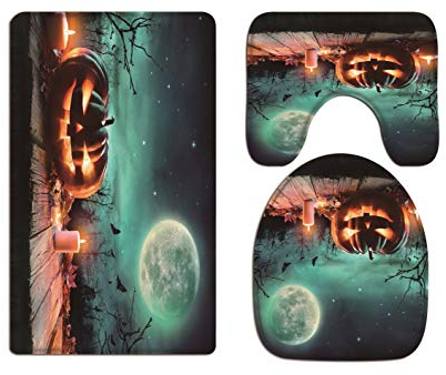 A.Monamour Badezimmer Badematte 3 Teilig Set Halloween Kürbis Auf Holz Plank Brennende Kerzen Druck Toilettendeckel Abdeckungen Flanell Saugfähig Badteppiche Badvorleger Badgarnitur WC Vorleger