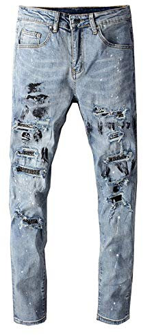 THJIQ Pantaloni da Matita da Uomo in Denim Elasticizzato Skinny con Fori Strappati verniciati a Inchiostro di Cristallo Blu Streetwear