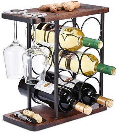 ALLCENER Wine Rack with Glass Holder, Countertop Wine Rack, Wooden Wine Holder with Tray, Perfect for Home Decor & Kitchen Storage Rack etc (Hold 6 Bottles and 2 Glasses)