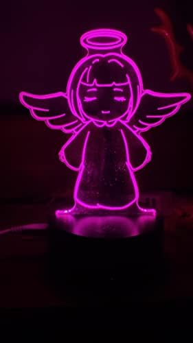 Xdorra Kleiner Engel 3D Lampe Optische Illusion Geschenk Nachtlicht 2-Funktionen 7-Farbe Bunte USB-Aufladung oder AA-Batterie Acrylplatte 3D Schlafzimmer Dekor für Mädchen