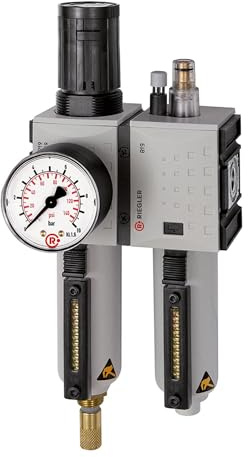 RIEGLER FU 615-M-10 FUTURA Wartungseinheit zweiteilig mit Metallbehälter, Sichtrohr und Manometer, Vollautomatisch, Baugröße 4, 0,5-10 bar, G 3/4