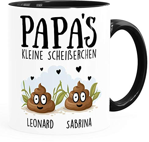 MoonWorks® Tasse personalisiert Papa's kleine Scheißerchenbis zu 4 anpassbare Namen Kackhaufen Geschenk Vatertag 2 Kinder schwarz Keramik-Tasse
