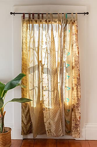 Indischer Alter Sari-Vorhang, Biege Color, Türvorhang, Fensterdekoration, Seide, Sari, Hippie, recycelte Vorhänge