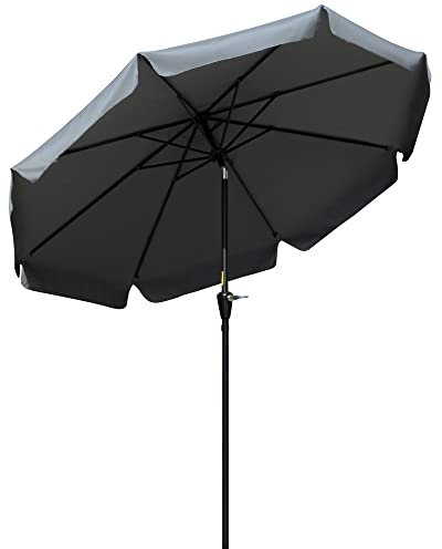 Outsunny 2.7m Patio Parasol Garden Umbrellas Outdoor Sun Shade Table Umbrella with Tilt, Crank, 8 Ribs, Ruffles, Grey