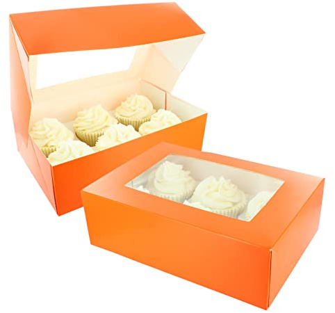 Baked with Love 50207 6/12 Cupcake Box, Twin Pack, Tangerine Cupcake Boxes to Carry Tasty Treats, Includes Dual Insert for 6 Standard Cupcakes or 12 Mini Cupcakes, Pack of 2 Orange Boxes