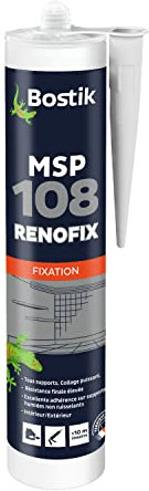 Bostik Mastic de Fixation MSP 108 RENOFIX, Mastic MS Polymères Tous Matériaux, Intérieur/Extérieur, Couleur : Blanc, Cartouche de 290 ml