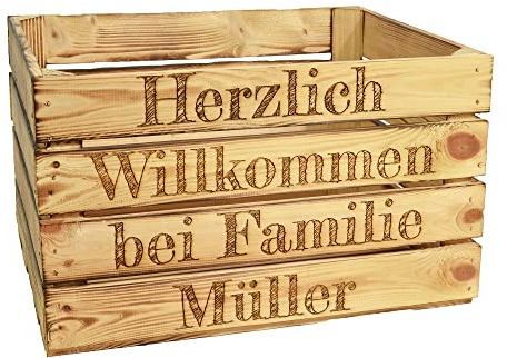 CHICCIE Geflammte Holzkiste 50x40x30cm mit Gravur - Obstkiste Weinkiste Kiste