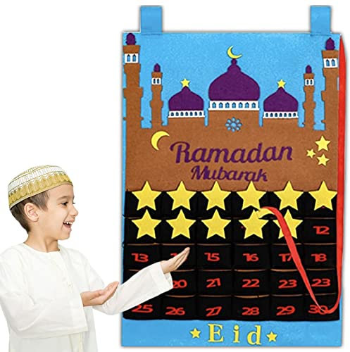 Ramadan Eid Mubarak Adventskalender, Eid Mubarak Countdown Kalender Filz, Ramadan Taschen Kalender hängen Tasche mit 30 Wiederverwendbare Sterne, Adventskalender für Ramadan Party Dekorationen (A)