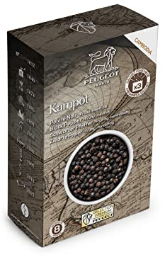 PEUGEOT - Premium Gewürzauswahl - Schwarzer Kampot-Pfeffer - Fruchtig-minziger Geschmack - Intensität 8 - Herkunft Kambodscha - Innovative Frischebeutel mit Dreifachschutz - 3x20g