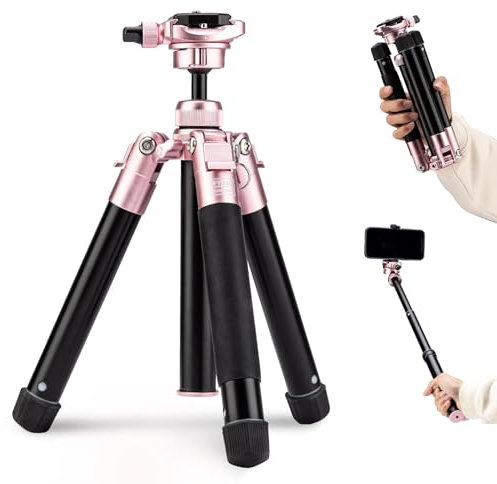 Fotopro Mini Tripod 60 Lightweight Compact Travel Tripod with 360 Degree Ball Head Phone Mount Detachable Selfie Stick, Camera Phone Max Load up to 8.8 lbs Pink