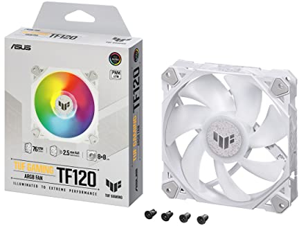 ASUS TUF Gaming TF120 ARGB White Edition Chassis Fan 3-Pin Customizable LEDs Blade, Advanced Fluid Dynamic Bearing