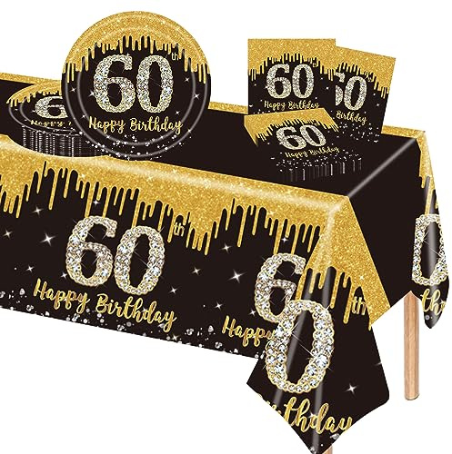 POPOYU 37Pcs Black and Gold 60th Birthday Tableware Set,Black Gold Table Cloth,60th Birthday Plates and Napkins Sets,60thBirthday Decorations for Men,Women,Him,Her BirthdayGifts Party Supplies