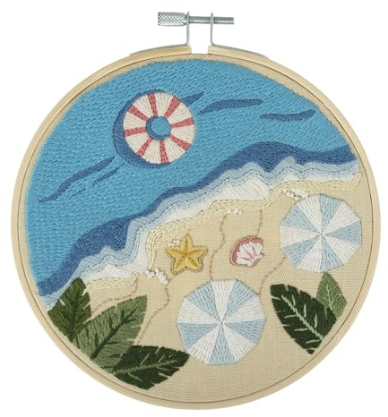 Trimits Embroidery Kits - 15cm 6 Embroidery Beginners Kit, Cross Stitch Kits for Adults, Starter Set with Bamboo Hoop, Fabric, Threads, Needle & Backing - Beach