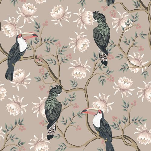 VEELIKE Papier Peint Oiseau Exotique Papier Peint Fleuri Rose Sale Vintage Papier Peint Tropical Jungle Papier Peint Foret Feuilles Motif Papier Collant pour Meuble Chambre Salle de Bain 44,5cm×300cm