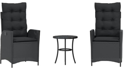 vidaXL Bistro Set mit Kissen 3-TLG., Gartensessel mit Verstellbarer Rückenlehne, Bistroset mit Stahlrahmen, Gartenmöbel Gartengarnitur Bistrotisch Bistrostuhl, Schwarz Poly Rattan