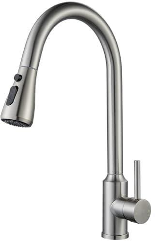 NewEast Single Lever Kitchen Tap With Pull Out Sprayer - Stainless Steel Faucet, Swan Neck Brushed Nickel Sink Mixer
