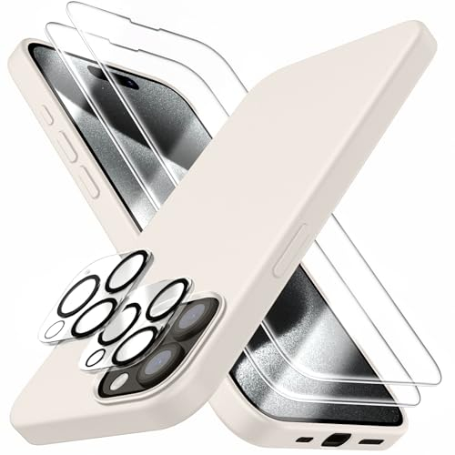 Dssairo [5 in 1 für iPhone 15 Pro Max Hülle, mit 2 Displayschutzfolien + 2 Stück Kameraobjektivschutz, Flüssigsilikon, schlanke, stoßfeste Schutzhülle [Mikrofaserfutter](Stein)