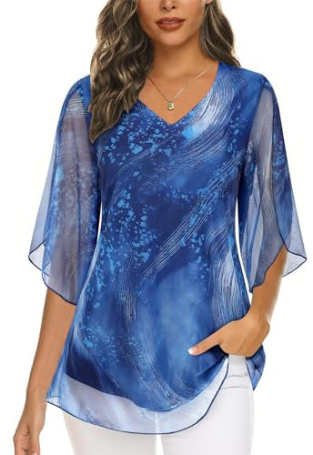 Plus Size for Womens Chiffon Tops for Women UK Dressy Tops Casual Double Layers Elastic Mesh Blouses V Neck 3/4 Sleeve Floral Flowy Wedding Guest Chiffon Tunic Shirts