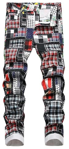 Generisch Jean pour homme, imprimé numérique, à carreaux, patchwork, droit, cylindre, contraste de couleur, pantalon slim en denim stretch pour homme, Rose, XXXL