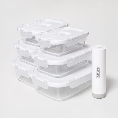 VAKUUMI Vakuumbehälter mit Pumpe – 6-teiliges Set aus Glas mit wiederaufladbarer Vakuumpumpe – BPA frei, spülmaschinenfest, hitzebeständig & gefriergeeignet inkl. Thermo Lunchbox Tasche