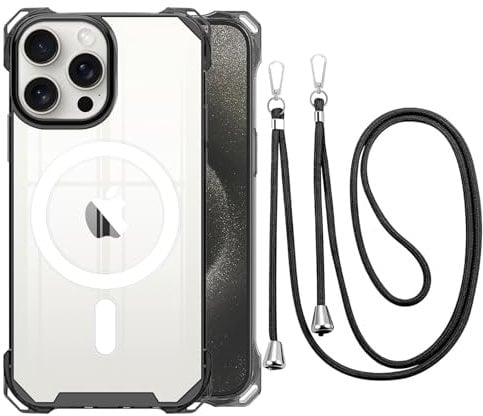 CAROKI Crossbody Lanyard Case for iPhone 15 Pro Max,Ultra Clear Hard Back Magnetic Case Compatible with MagSafe Bumper with Strap Adjustable Neck Cord Cover for iPhone 15 Pro Max-Black