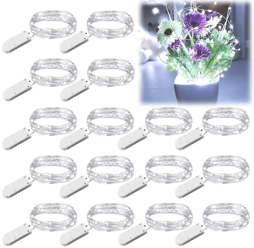 WIYETY Guirlande Lumineuse LED Miniature sur Batterie, 16 Pièces Étanches en Fil d'argent Cuivre, Flexible Et Pliable, pour Mariage, Noël, Fête, Jardin, Intérieur Et Extérieur (Blanc)
