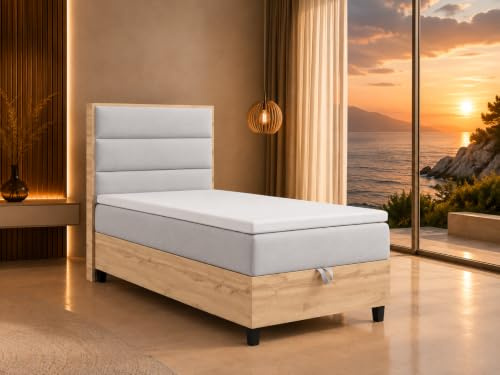 Best For Home Trinity K-1 Plate Single Boxspringbett 100x200 cm mit Topper | Boxspringbett mit Bonellfederkernmatratze H3, Topper, gepolstertem Kopfteil und Bettkasten – für erholsamen Schlaf.