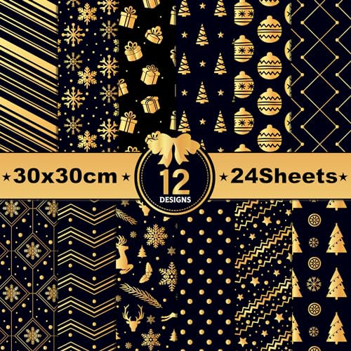 Scrapbook Papier 30x30 CM Rentier Weihnachtsbaum Muster Doppelseitiges Scrapbooking Papier, 12 Muster 24 Blatt Urlaub Decoupage Papiere, Schneeflocken Dekorpapier Schwarz Scrapbook Bastelpapier
