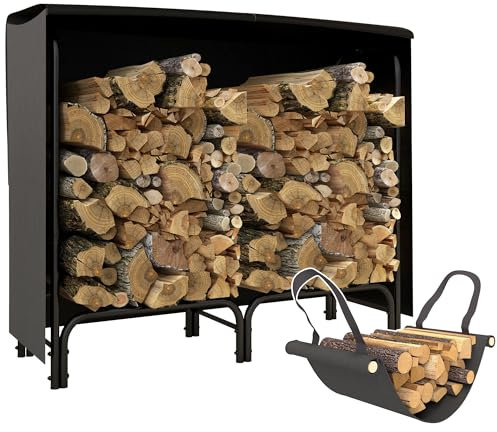 Outsunny 4FT Firewood Rack with Canvas Carrier Bag and 600D Oxford Waterproof Cover, Metal Log Store Indoors, Log Storage Rack Holder for Outdoor Indoor Fireplace, Black