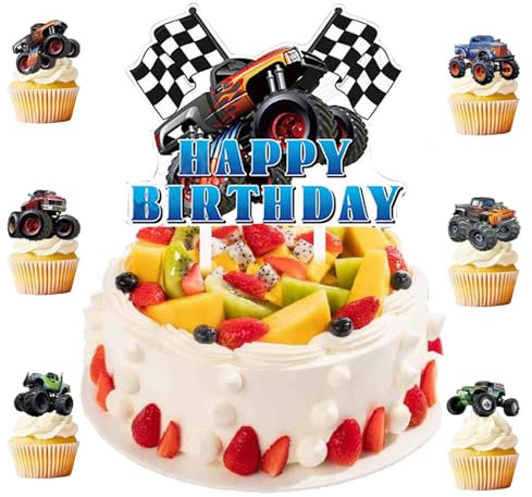 25 Stück Monster Truck Tortenaufsatz Set – Happy Birthday Cake Topper für Jungen – LKW Muffin Dekorationen, Auto Cupcake Topper, Geburtstagskuchen Zubehör für Kinder