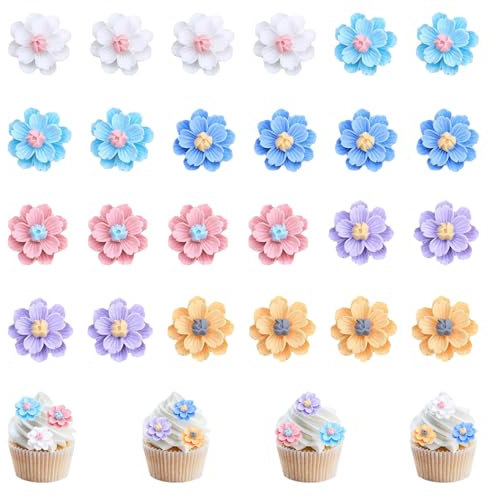 Decoration Gateau Fleur, 24 Pièces Fleurs de Gâteau, Fleurs en Résine, Décorations de Desserts, Cupcake Toppers, Décoration Alimentaire, pour Anniversaire D'enfant Mariage Fête à Thème