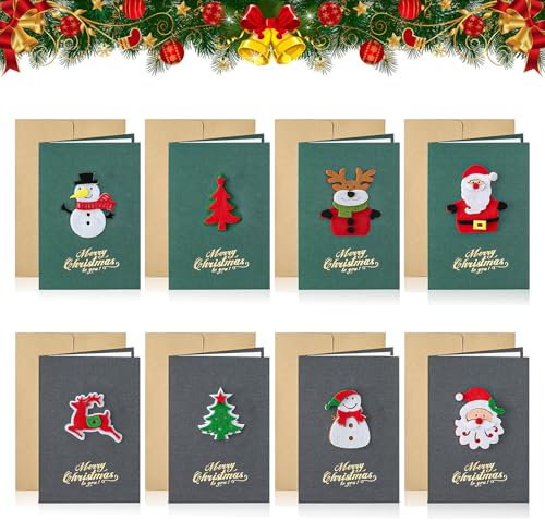 Allony Tarjetas de Navidad con Sobre, Fieltro 3D Tarjetas de Felicitación de Navidad, Tarjetas postales de Navidad para Familiares, Amigos y Amantes, 8 Piezas