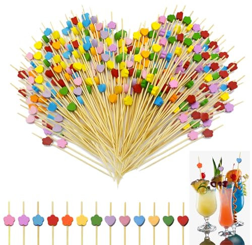 LXBCTOP 200 Piezas Decoración de Cóctel, Palos de Cóctel, Palillos Para Aperitivos, Pinchos de Cóctel de Bambú Para Decoración de Fiestas Adecuados Para Bares Corazones Flor de ciruela Multicolores