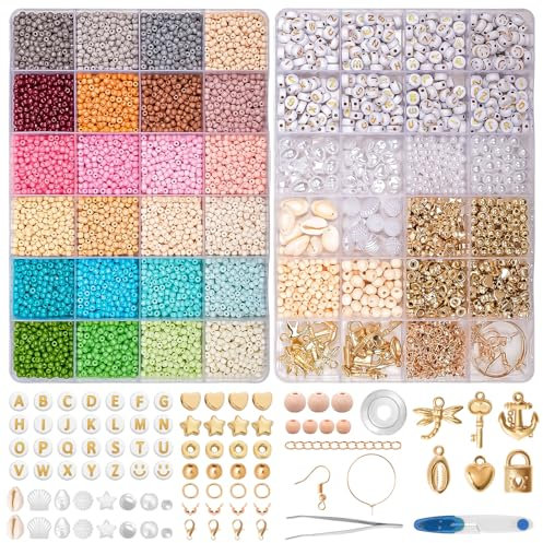 JHWELRG 12000+ Matte Perlen für Armbänder Selber Machen,Mit Mini-Glasperlen,Holzperlen,Buchstaben Beads & Zubehör,Geschenk für Erwachsene & Kinder DIY Schmuck Freundschaftsarmbänder & DIY Basteln