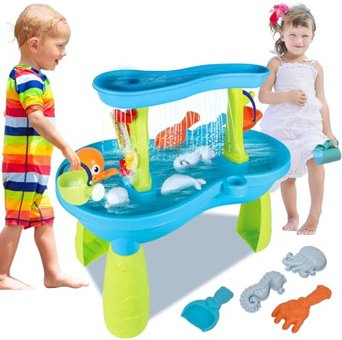 deAO Sand and Water Table for Kids, 2-Tier Sand Pit Outdoor Activities Play Table for Toddlers, Sand Water Toys Summer Beach Toys Backyard Garden Toys for Girls Boys 3 4 5 6 Years Old