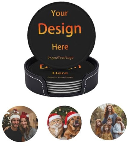 Naispanda Personalisierte Lederuntersetzer 6er-Set für Getränke mit eigenem Foto, Text und Logo - Individuelle rutschfeste Getränkehalter für Bar, Kaffee, Küche, Home Office