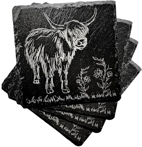 Highland Cows Square Natural Slate Coasters, Set of 4, Stylish Tableware | Square Natural Stone, Rustic Farmhouse Design, Table Coasters, Gift For Home Kitchen