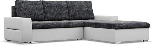 Mebligo - Ecksofa mit Schlaffunktion und Bettkasten Aurora, Eckcouch mit Ottomane Rechts, Sofa L Form (BxTxH) 243 x 200 x 92 cm, Couch Wohnzimmer, Ecke Sofa, Dunkelgrau + Weiß (Samt und Kunstleder)