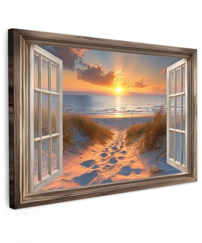 MuchoWow© Bilder Groß 120x80 cm XXL Wohnzimmer Deko Modern Wandbild Kunstdruck auf Leinwand Bild Schlafzimmer über Bett Room Decor Geschenke Fensterblick - Strand - Dünen - Sonnenuntergang