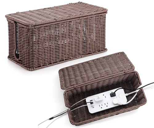 Large Cable Management Box, Handwoven Imitation Rattan Cord Organizer Cord Hider Box, Desk Cord Management Box to Hide Cords and Power Strips, Dark Brown