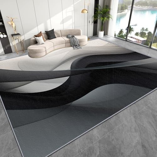 AevuCub Wellen Deko, Moderne Wellen Gestreift Teppich 120x160 Kurzflor, Teppich Wohnzimmer Schwarz Weiß, Weich rutschfest Waschbare Teppiche, Bettvorleger Schlafzimmer Kinderzimmer