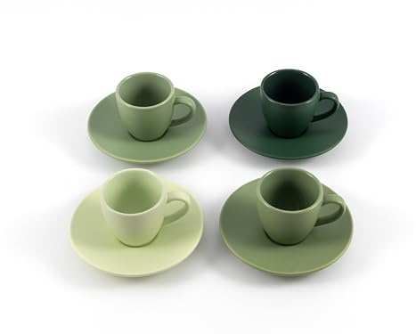 Hanseküche Set di tazzine da caffè in porcellana (confezione da 4, 75ml) – Tazzine da espresso a parete spessa con piattini – Realizzate a mano – Bicchieri da caffè in ceramica verde opaco – Tazze da