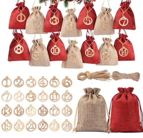 ALINK Adventskalender zum Befüllen XXL DIY Set 24 Beutel Stoff Groß & Klein,Rot & Beige Natur,Holzanhänger Zahlen Schnur Jutesäckchen,Wiederverwendbar