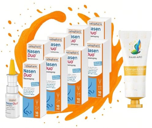 NasenDuo Nasenspray Quartalvorrat 8 x 10 ml inkl. einer hochwertigen Handcreme Marke Faar-Apo – abschwellend bei Schnupfen, 2-fach-Wirkung - sanft zur Nase und fördert die Wundheilung
