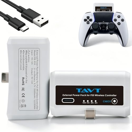 2 batterie esterne per controller Sony PlayStation 5, PS5 Dualsense/Dualsense Edge, con indicatore LED e cavo di ricarica USB-C