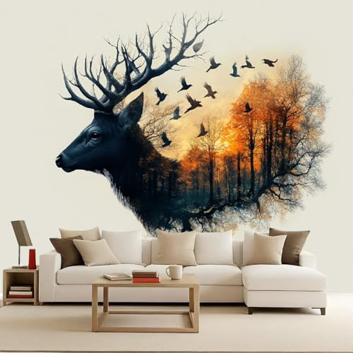 Vlies Fototapete 3D Effekt Hirsch Wald, Tapete Abstrakt Tier, Matt Vliestapete Wasserdicht Wandtapete, Tapeten Geeignet für Schlafzimmer Kinderzimmer Wohnzimmer Wand Deko 200x140 cm